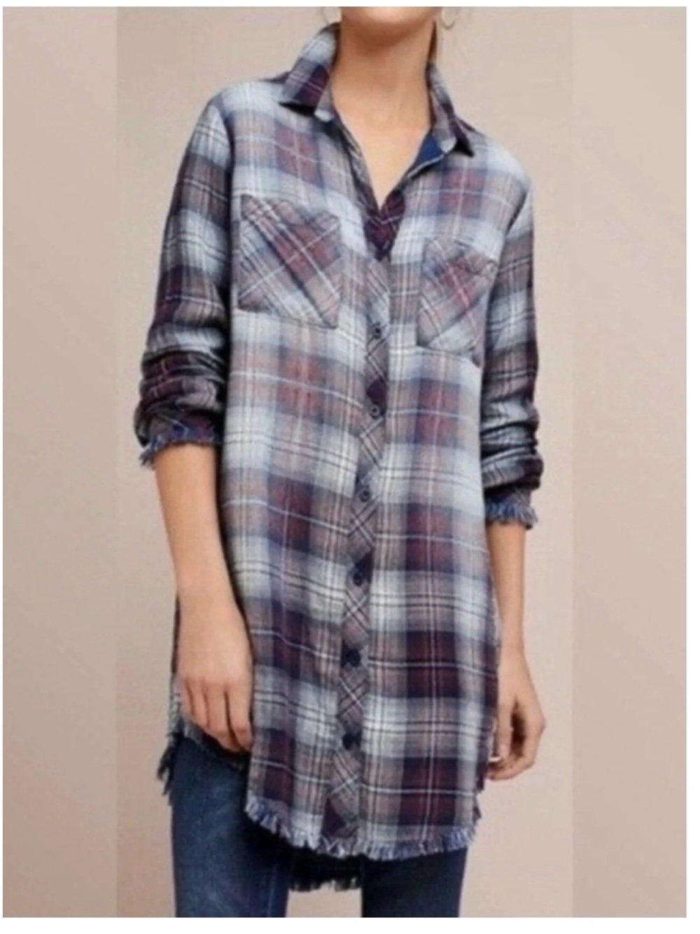 Cloth & Stone Plaid Flannel Tunic Shirtdress Button Down Raw Hem Blue Purple